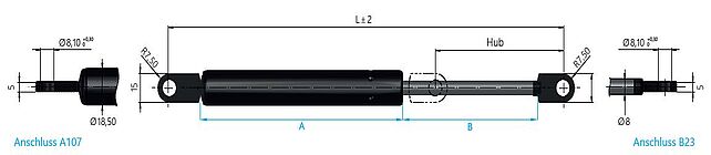 Gasdruckfeder Typ 16-2 mit Anschluss Auge
